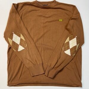 Vintage ROSASEN Men L  Brown Argyle Elbow Patch Crew Neck Long Sleeve Sweater‎